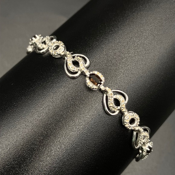 Estate Jewelry - Sterling Silver Smoky Quartz Bracelet Heart Motif Rhodium Plated Signed Size 7.5